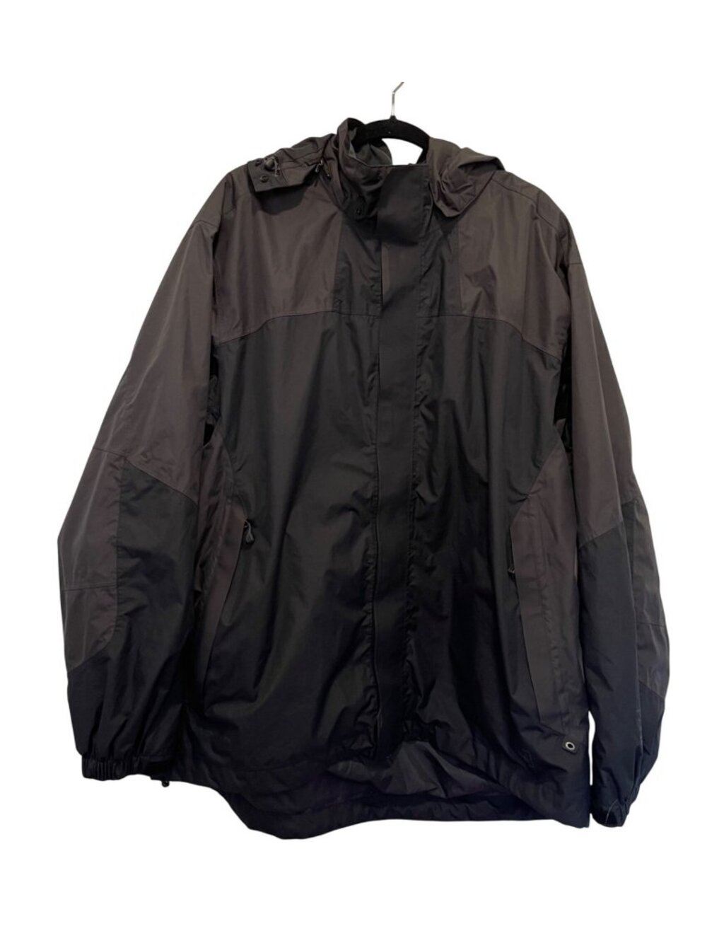 REI Mens XXL Black Waterproof Windbreaker Jacket Hood & Zippered Pockets